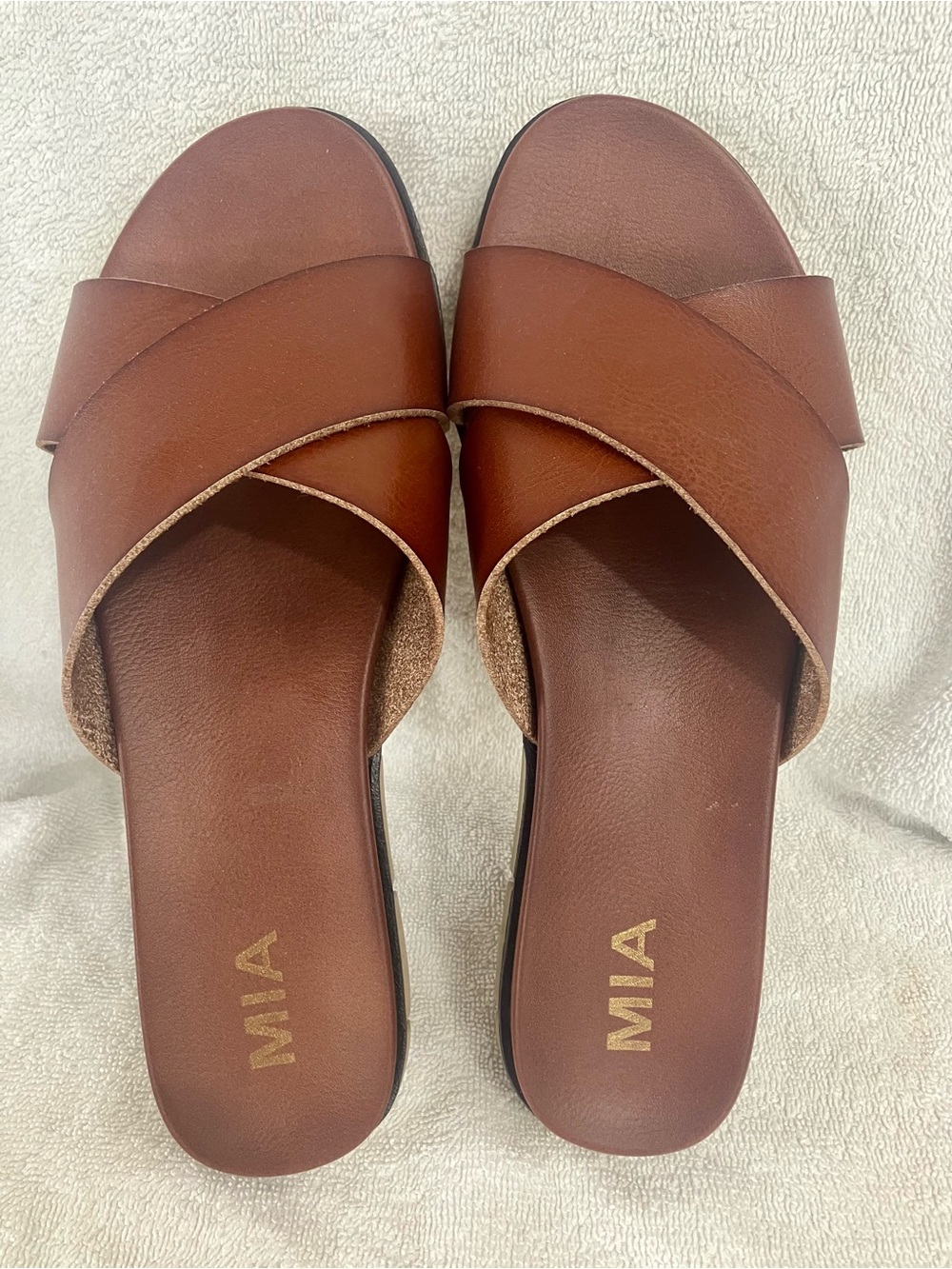 MIA Brown Leather Crossover Slide Sandals
